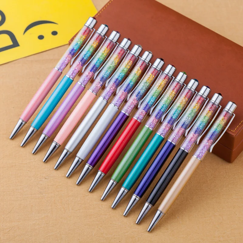 Rainbow Colored Gem Pen Crystal Metal Rhinestone Pen Stylus Touch Screen Roller Ball Pen 30pcs/lot