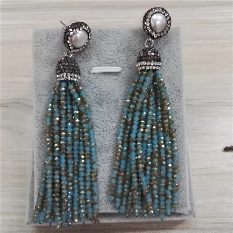 Charms Jewelry Grey Blue White Brown Glass Beads Tassel Natural Pearl Stud 12rows Tassel Long Drop Dangle Earrings For Women