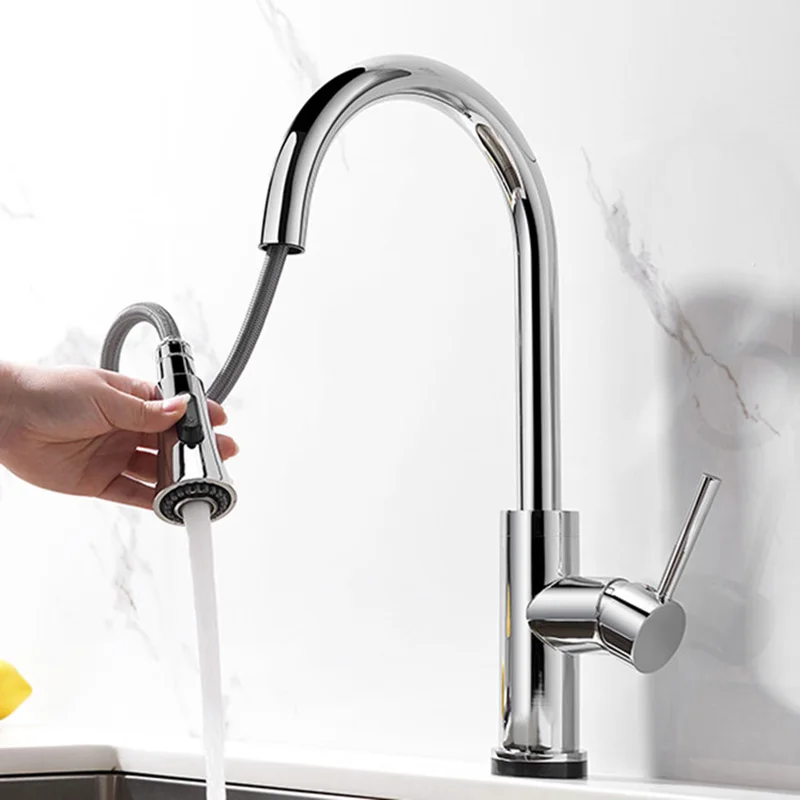 Touch Sense Control Kitchen Faucet Pull Out Double Water Setting Sink Cold And Hot Sink Water Mixer Deck Mounted Chrome Bras Tap