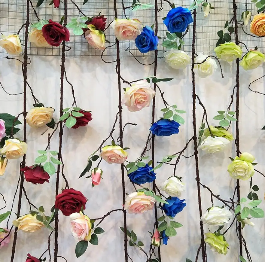 

2pcs Artificial Dry Vine Rose Flower String For Plant Wall Wedding Landscape Archway Props Home Hotal Office Bar Decorative