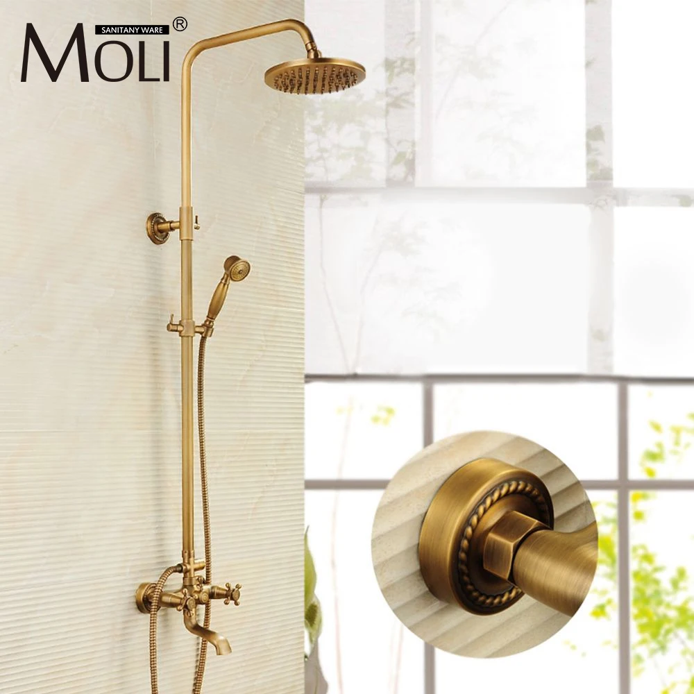 Rain Shower Faucets Antique Brass Tub Shower Faucet with 8 inch Shower Head + Hand Shower ML4006