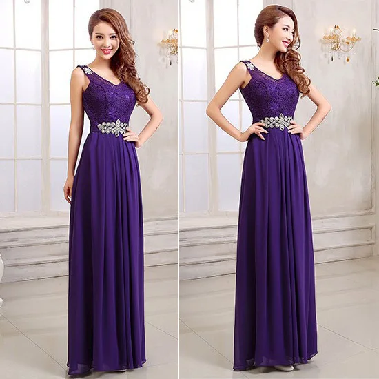 2015 chegada nova Shoulder correias v-neck A linha de rendas e Chiffon vestidos dama de honra roxo longa Plus Size Prom Dresses