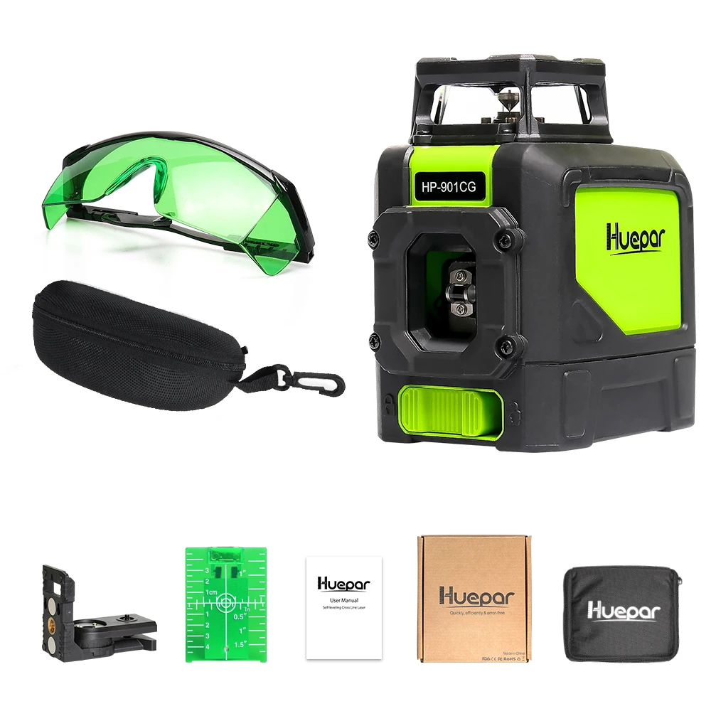 Huepar 5 Lines Laser Level Tools Green Beam Cross Switch Line Manual Self-leveling 360° Pulse Mode With Bracket Glasses Sets