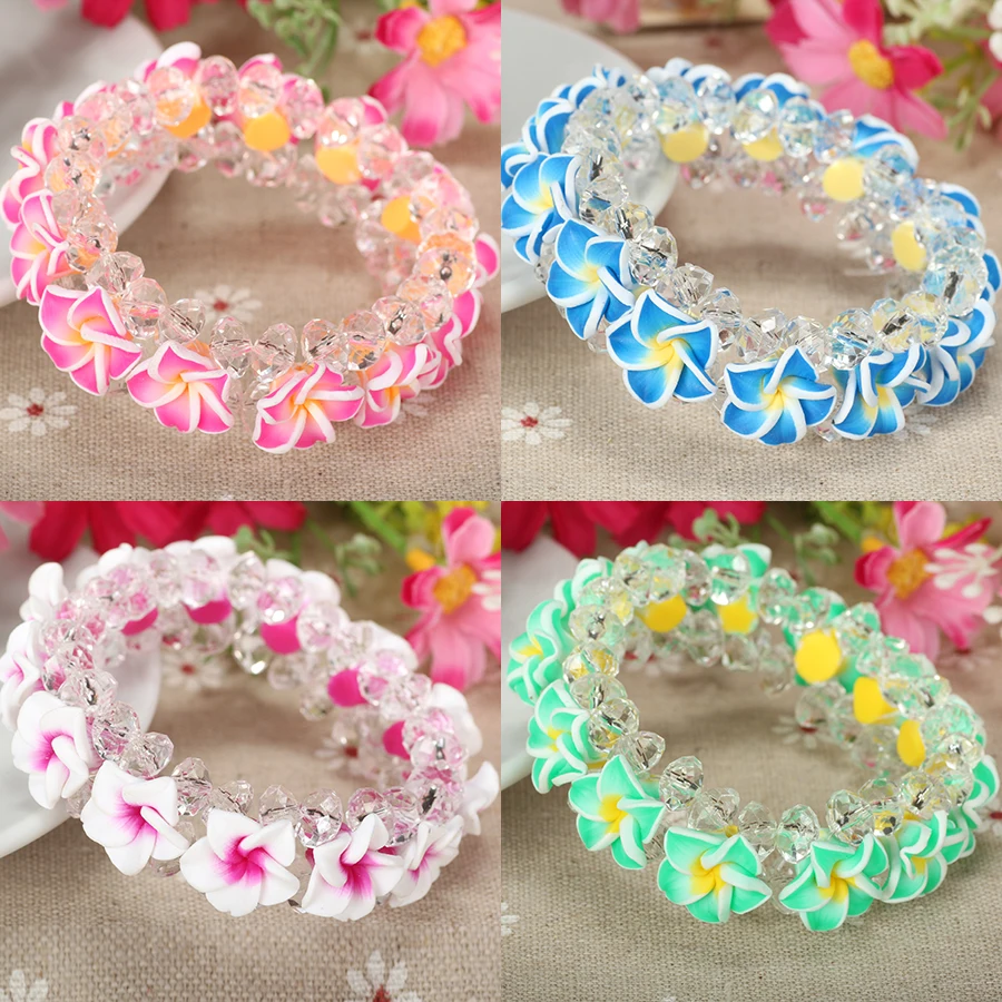 5 unids/lote de pulseras hawaianas de flores de Plumeria Frangipani de arcilla polimérica para mujer, accesorios de joyería hawaiana para vacaciones en la playa