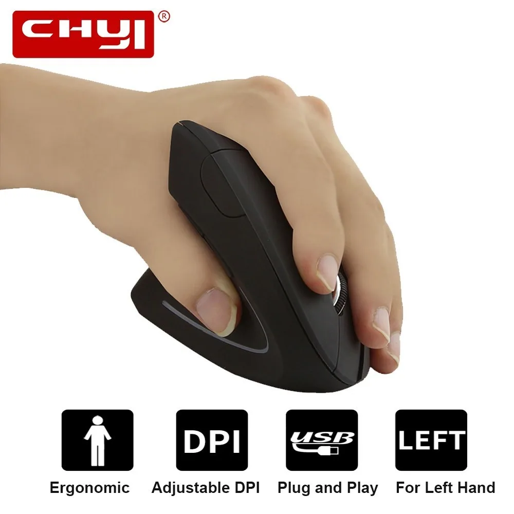 CHYI Left Handed Wireless Vertical Ergonomic Mouse 2.4Ghz Optical Usb Computer Mause Left Hand 6 Button PC LED Mice For Laptop