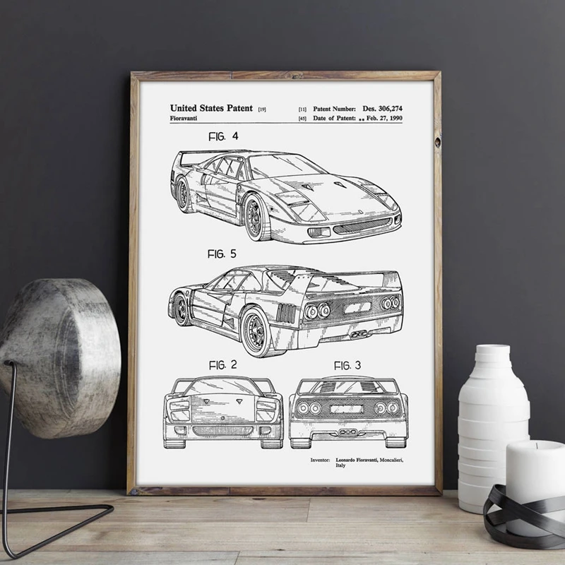 For Ferrari F40 Car Artwork Patent Prints Auto Wall Art Transportation Poster Room Decor Blueprint Canvas Painting Picture Gift