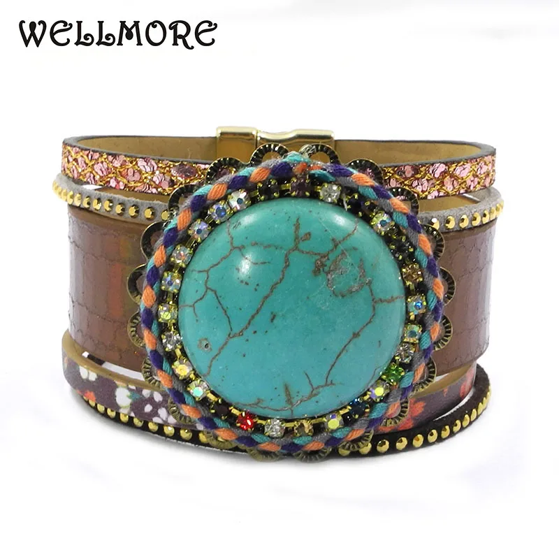 WELLMORE braccialetti di Cuoio rotonda di Pietra Della Boemia di fascino braccialetti per le donne dei monili del commercio all\'ingrosso dropshipping