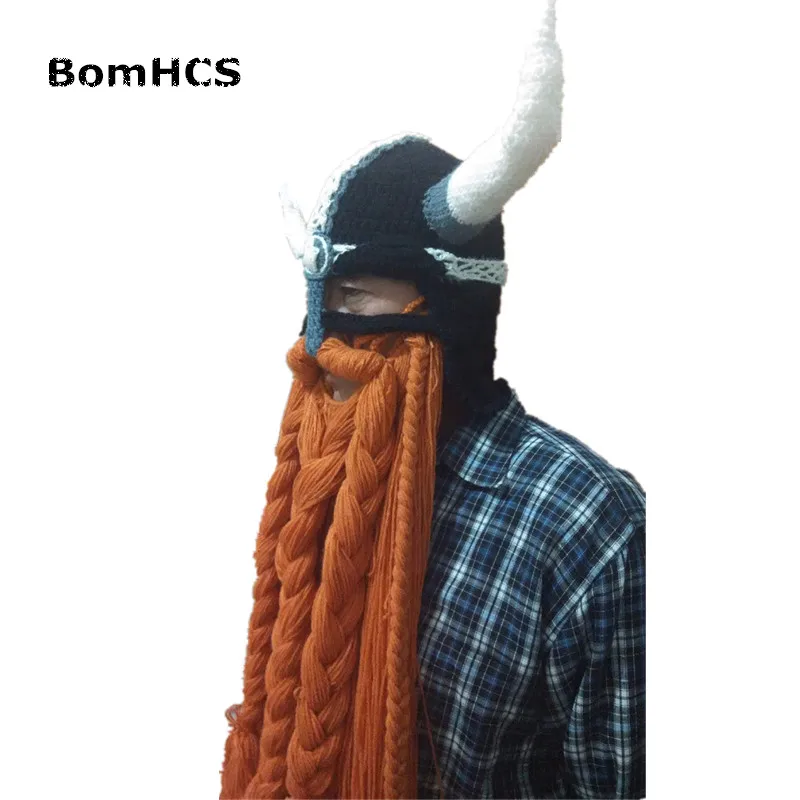 BomHCS Funny Party Halloween Cap Men\'s Head Beard Beanie Horn Hat Handmade Winter Warm Birthday Gift