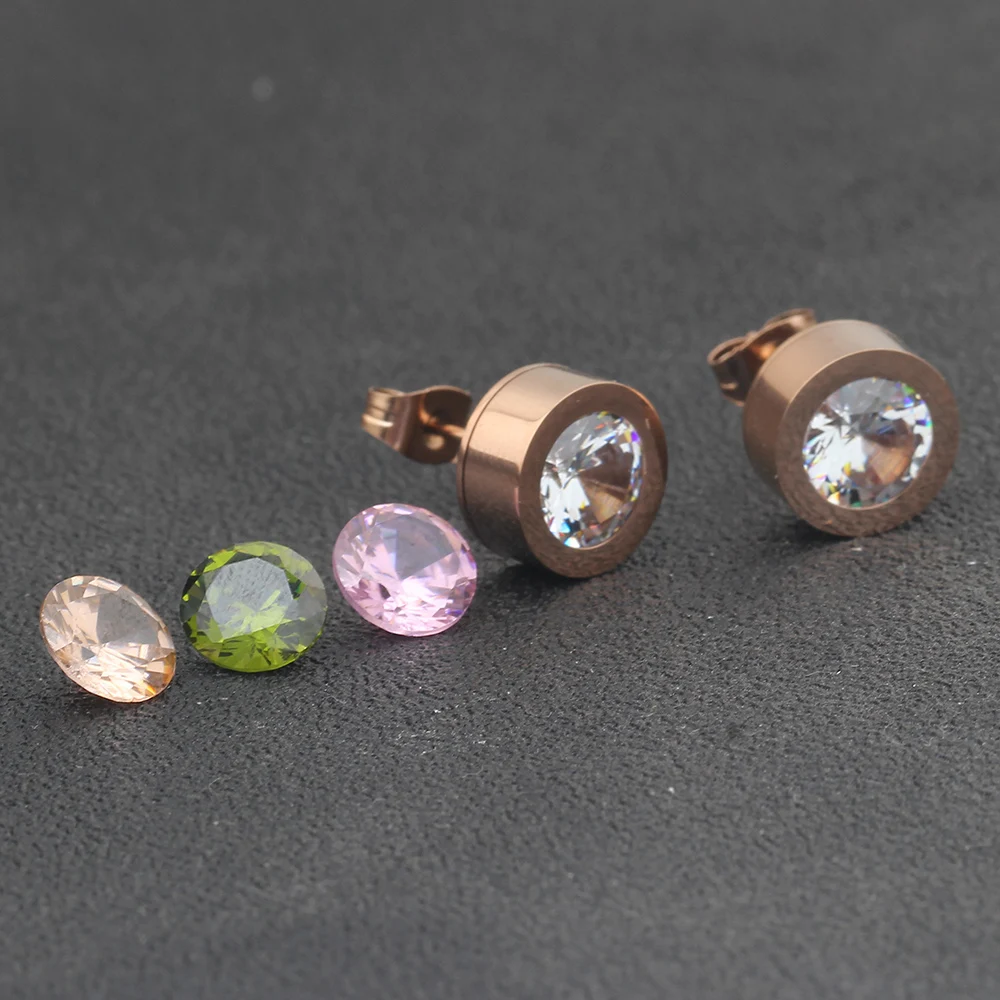 Shining 4 Color CZ Stone Replaceable Stud Earrings For Women Wedding Gift Top Quality Brand Woman Stainless Steel Cерьг