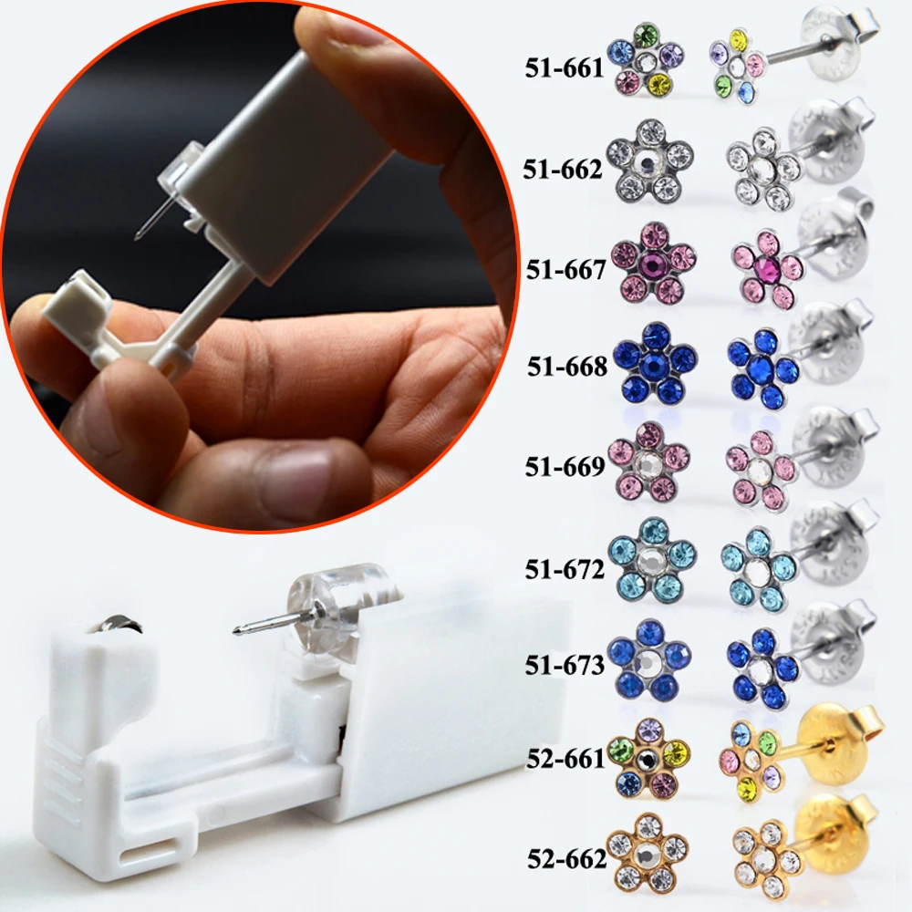 1 Piece Sterilized Disposable Safety Nose Ear Piercing Device Sterile Bezel Cute Earring Crystal Flower Studs Ear Piercer Unit