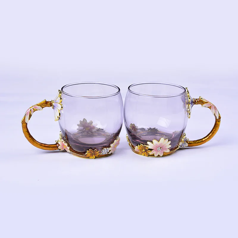 

High grade Creative wedding birthday gifts Ladies' Elegant luxury enamel crystal flower glass cup coffee tea juice lovers mug