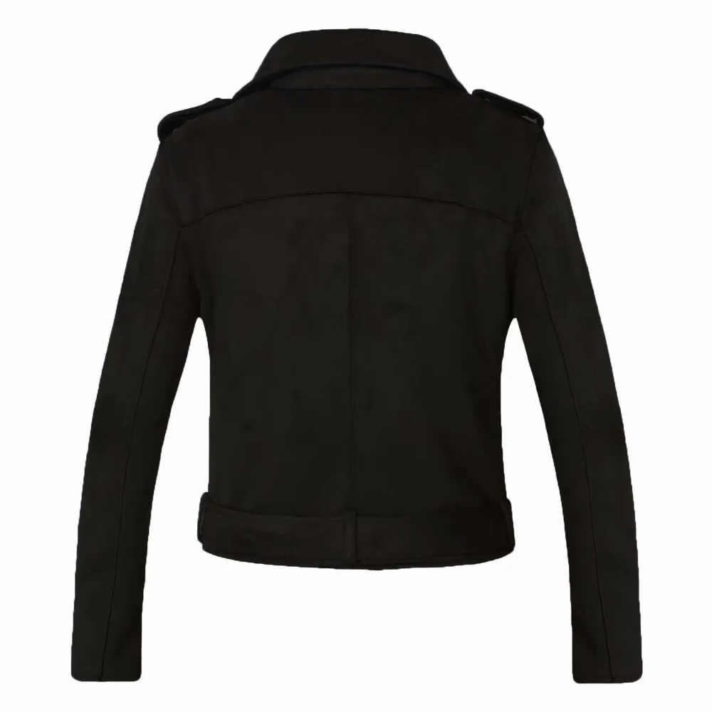 Nuove Donne di Modo giacca moto in pelle scamosciata Sottile marrone pieno allineato molle del Cuoio del faux cappotto femminile femme veste cuir spallina della chiusura lampo