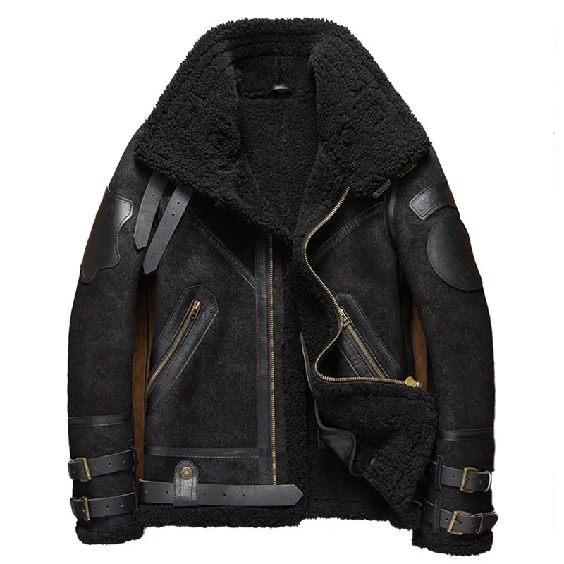 

Denny&Dora B3 Shearling Leather Jacket Mens Shearling Coat Crack Texture Pilot Leather Jacket