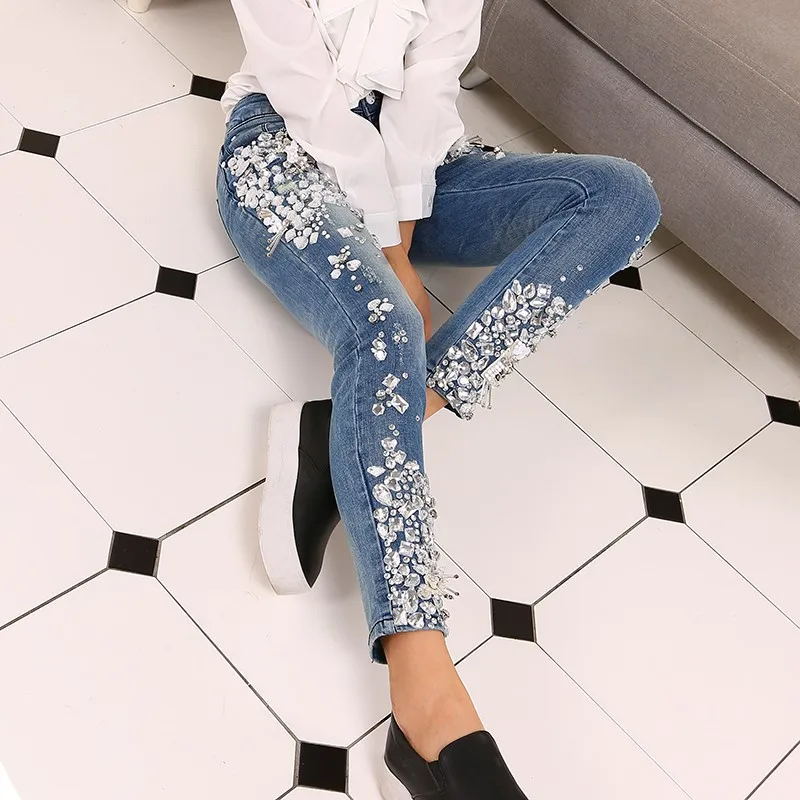 

Fashion Vintage Women Luxury Embroidered Flares Diamond Denim Jeans Women Beaded Skinny Slim Fit Stretch Pencil Pants Trousers