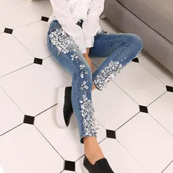 Fashion Vintage Women Luxury Embroidered Flares Diamond Denim Jeans Women Beaded Skinny Slim Fit Stretch Pencil Pants Trousers