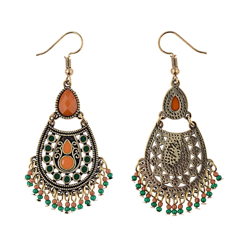 DOUVEI New Water Drop Retro Earrings India Jhumka Jhumki Green&Orange Beads Tassel Bronze Earrings Tibetan Jewelry HQE1011
