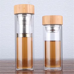 Fruit Tea Bottle Glass Bottle Water Bottle Infuser With Filter Strainer Borosilica Double Wall Drink Bamboo Lid Travel Drinkware