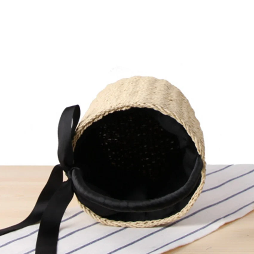 New cylinder hand carry straw bag national wind summer vacation woven bag portable bucket ribbon casual beach bag