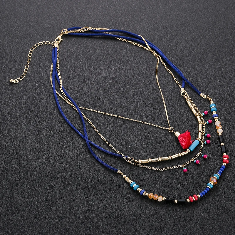 Bohemian Multi Color Layers Necklaces Colorful Beads Tassel Maxi Long Ethnic Chain Jewelry Statement Necklace For Women Collar