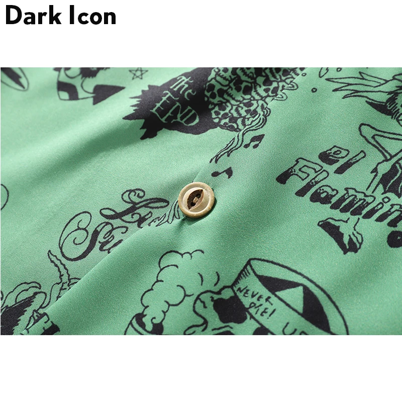 Dark Icon Skeleton Full Printed Retro Shirt Men 2024 Summer Street Men\'s Shirts Short Sleeved Shirts for Men Green White