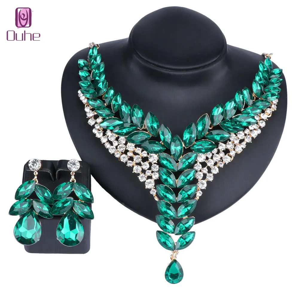 Women\'s Wedding Bridal Bridesmaid Rhinestone Crystal Statement Necklace Earrings Party Costume Jewelry Set