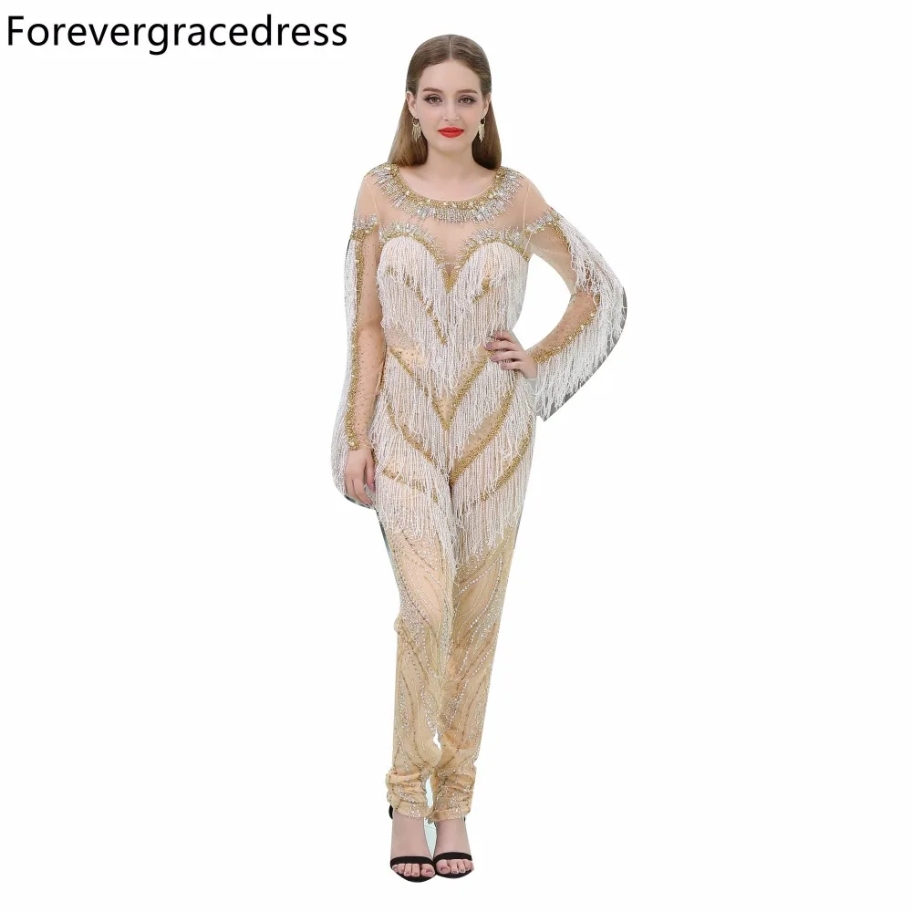 Forevergracedress Luxury Evening Dress Sheath Illusion Long Sleeves Beaded Crystals Formal Prom Party Gown Plus Size Custom Made