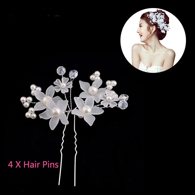 4pcs White Flower Bead Crystal Pearl Hair Pins Hair Sticks Noiva Hairpins Headpiece Wedding Bridal Hair Jewelry Accessories SL