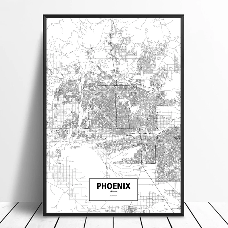 Phoenix, Arizona, United States Black White Custom World City Map Poster Canvas Print Nordic Style Wall Art Home Decor