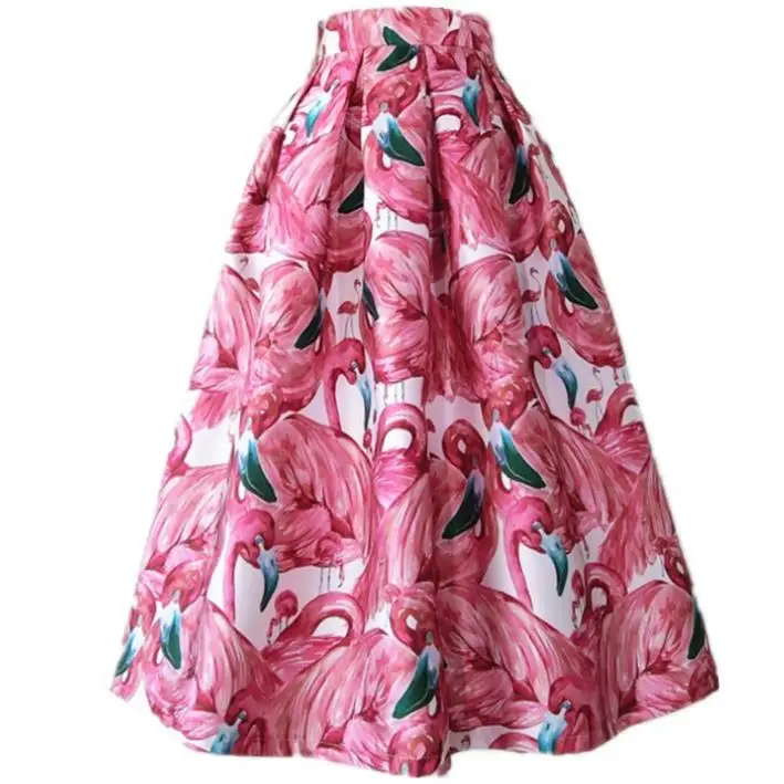 

Women Midi a-line Skirts Vintage pink Printed Summer Skirts Ball Gown High Waist Swing Skirts