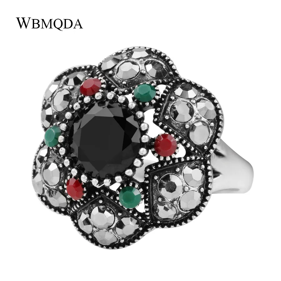 Vintage Jewelry Crystal Flower Rings For Women Silver Plated Mosaic Colorful Resin Ring Bohemian Jewelry Wholesale