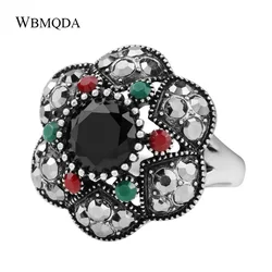 Vintage Jewelry Crystal Flower Rings For Women Silver Plated Mosaic Colorful Resin Ring Bohemian Jewelry Wholesale