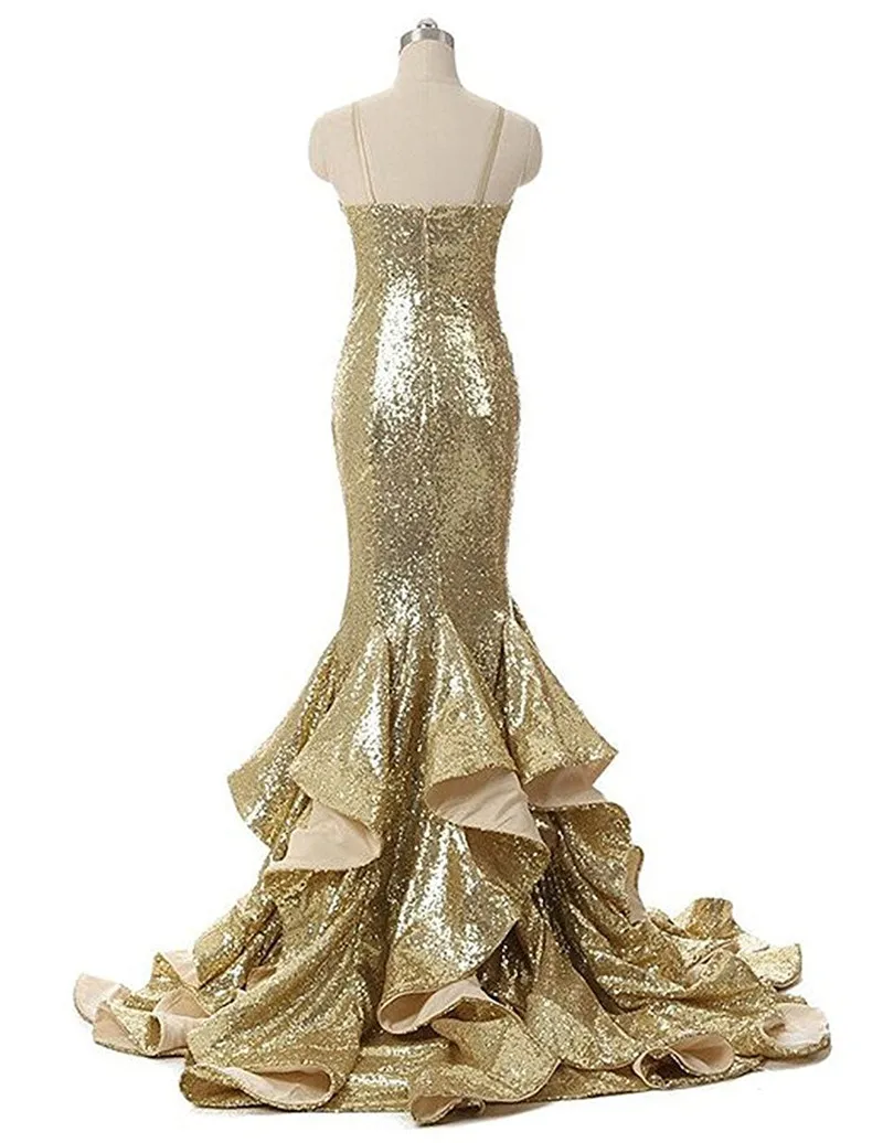 Vestido largo de fiesta de sirena dorado con lentejuelas brillantes, Vestido de noche largo con tirantes finos, con abertura y espalda descubierta