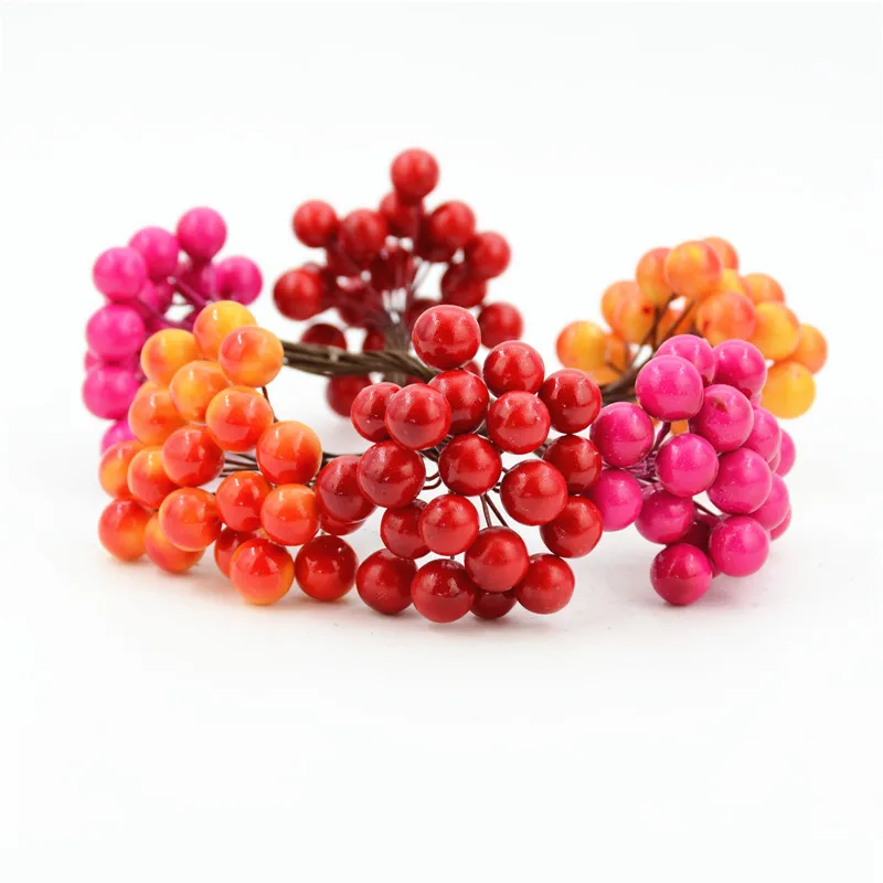 20pcs/40head Pearl Double Head Berries Mini Fake Fruit Berries Artificial Red Cherry Flower Bouquet Stamen Christmas Decorative