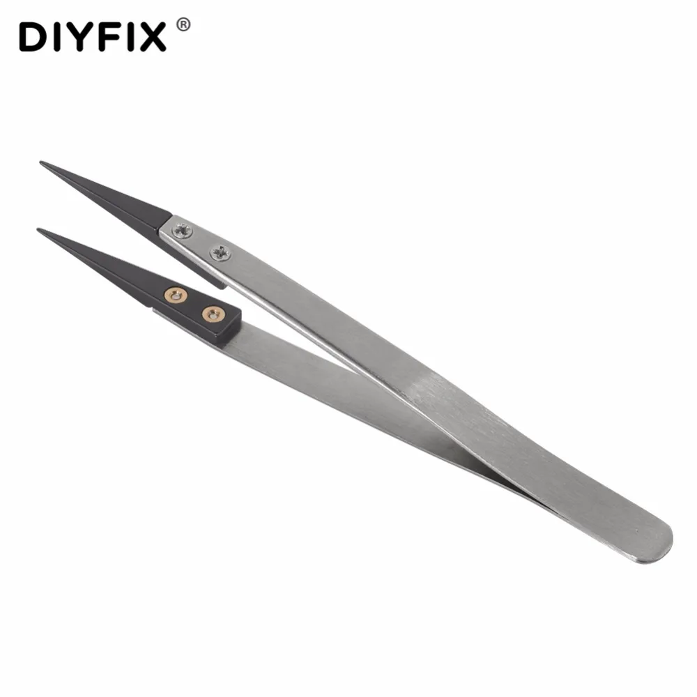 DIYFIX Stainless Steel Ceramic Tweezers Anti Static Heat Resistant Insulated Ceramic Pointed Tip Electronic Pliers