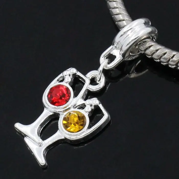 

DoreenBeads Retail European Charm slide Pendants Wine Glass/Goblet Silver color Red Yellow Rhinestone 3.1x1.2cm,Hole:4.5mm,10Pc