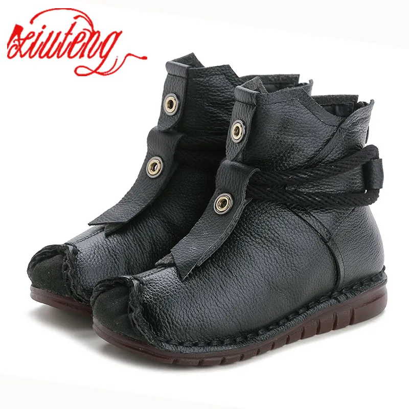 Xiuteng Round Top Ankle Boots Genuien Leather Winter Platform Female Vintage Snow Boots Retro Handmade LaceWomen Warm Shoes