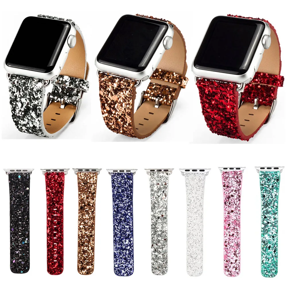 Christmas Bling Shiny PU Leather Wrist Strap for Apple Bracelet Watch Band for iWatch Series 6 5 4 3 2 38/40mm 42/44mm Watchband