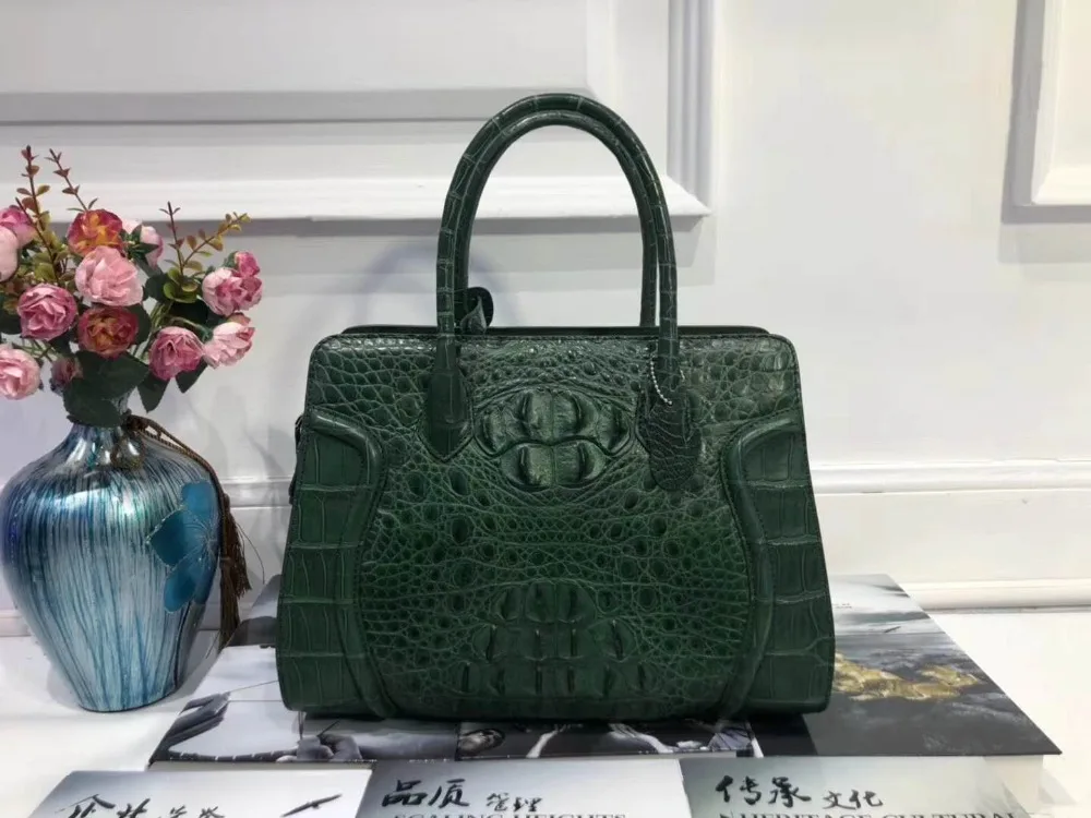 100%  top quality genuine crocodile head skin leather women tote handbag medium size lady top handle daily tote bag green color