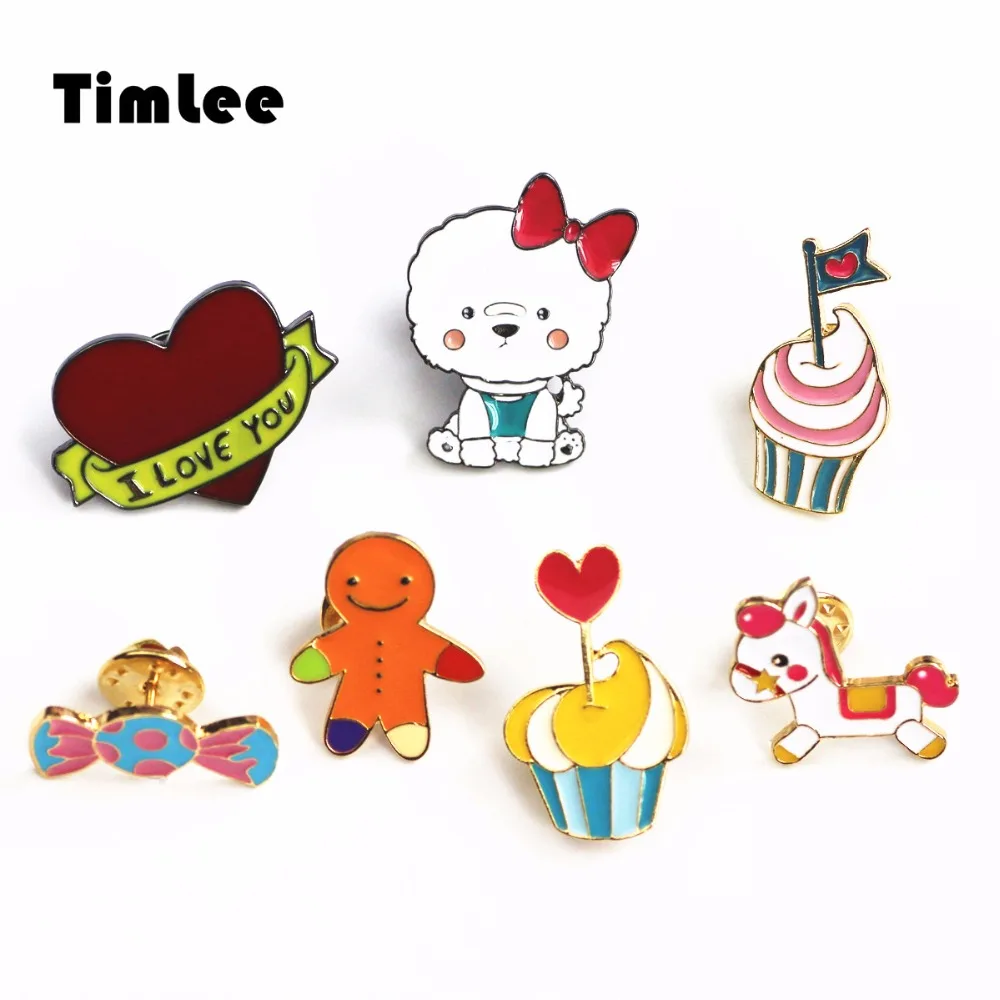 Timlee X205 Cartoon I lOVE YOU Heart Gingerbread Man Teddy Design Cute Cup Cake Candy Trojan Metal Brooch Pins Gift Wholesale