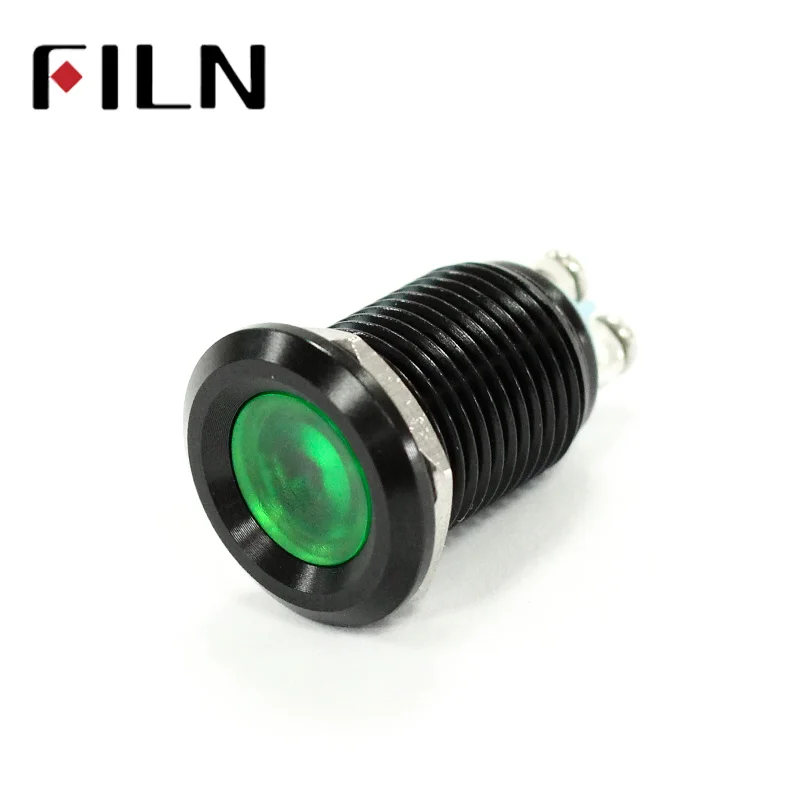 Lampe de signalisation noire étanche de 12mm, indicateur lumineux LED en métal, lumière plate, connexion à vis 12V