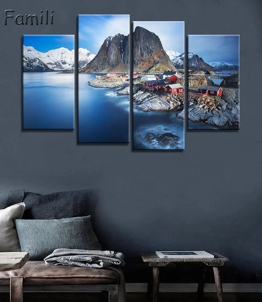 

4pcs Norway mountains sea seaside town lofoten islands beautiful Living room home art decor wood frame fabric poster