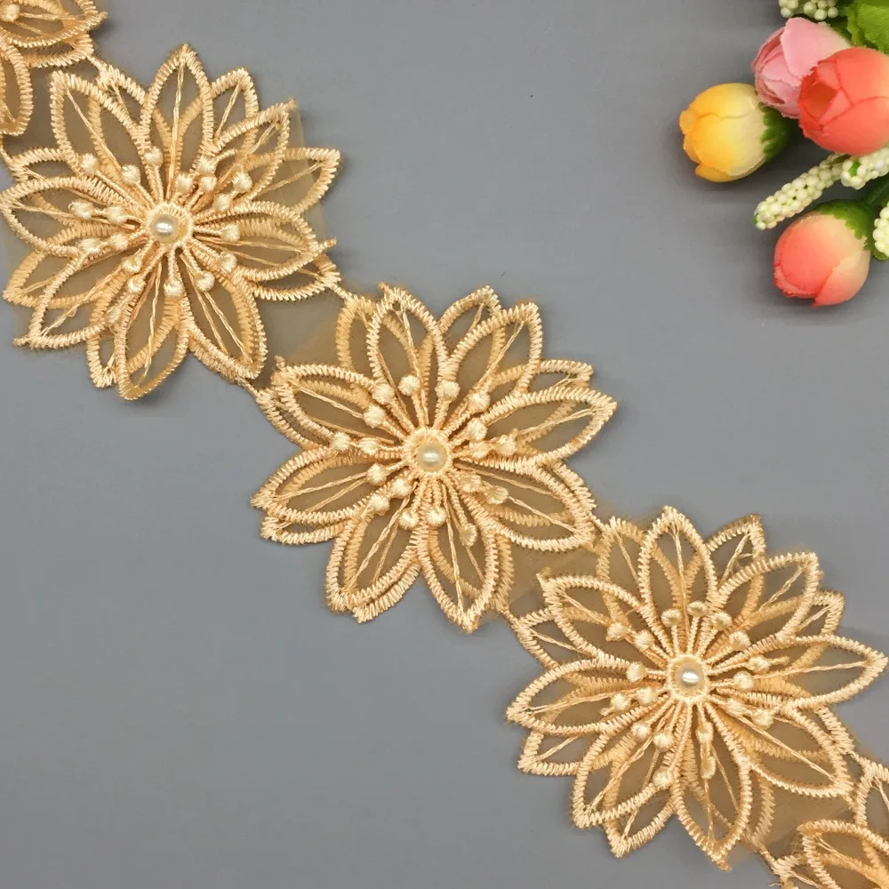 

20Pcs Vintage Cotton Gold Pearl Flower Lace Edge Trim Handmade Beaded Embroidered Ribbon Fabric Applique Dress DIY Sewing Craft