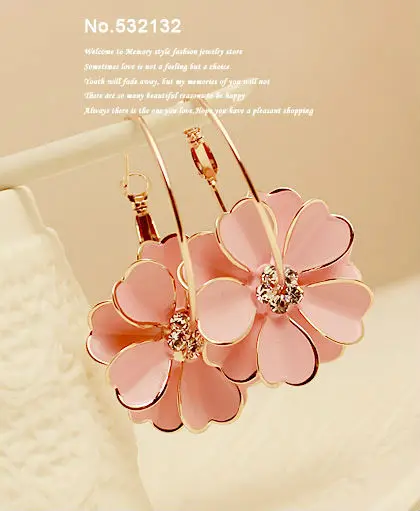 New Fashion Girl Exaggerated Hoop Large White Pink Flower Drop Earrings Crystal Bohemia Summer seaside Jewelry