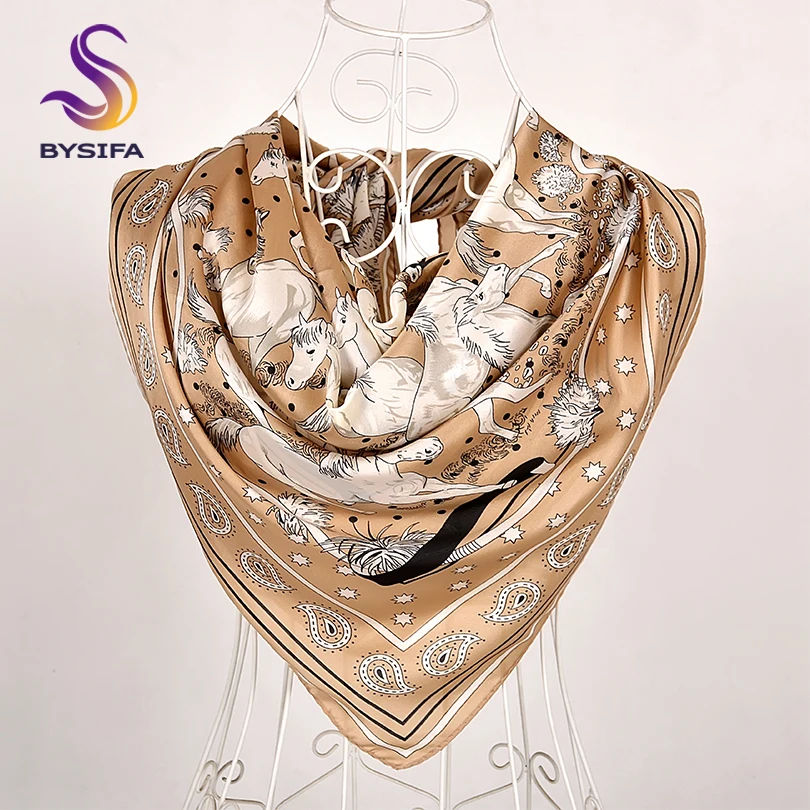 [BYSIFA] Khaki Ladies Satin Silk Scarf Shawl Fashion Brand Horse Design Large Square Scarves Foulard Top Grade Scarves 110*110cm