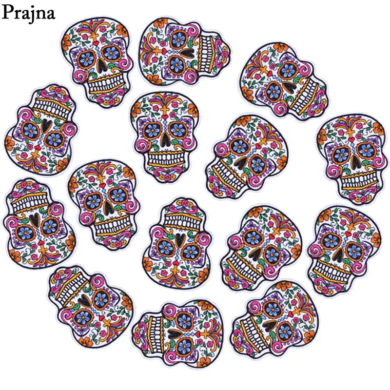 Prajna 10PCS Punk Rock Skull Face Embroidery Patches Japanese Ghost Iron On Patches For Clothing DIY Cheap Sticker Hippie Jacket