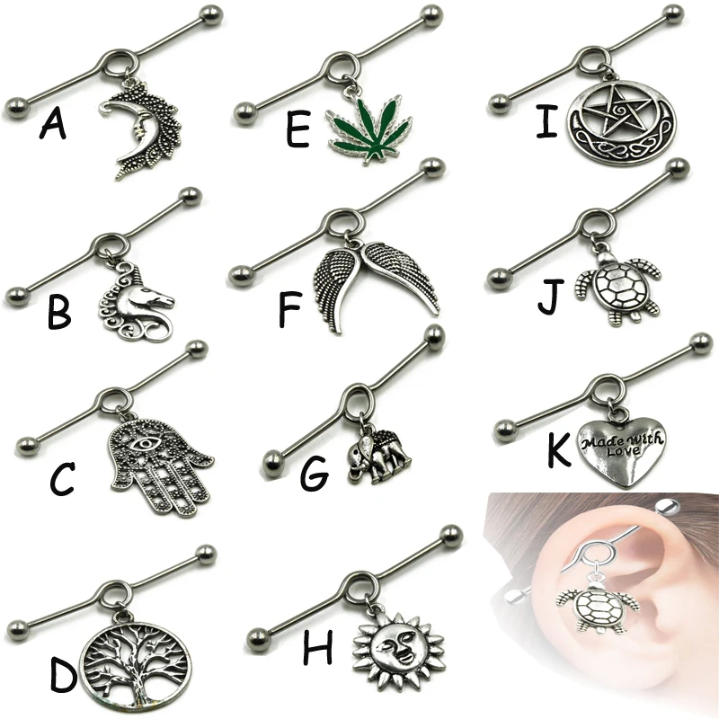 Showlove-PAIR Surgical Steel New Design Charming Dangling Ear Industrial Barbell Piercing Scaffold Bar  Jewelry