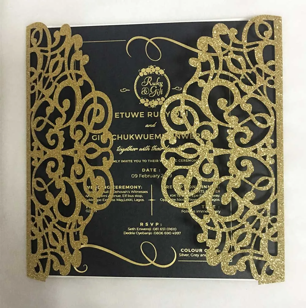 DHL Free Shipping 100pcs Rose gold glitter Laser Cut wedding cards gift cards bling customized invite Greeting insert,envelope