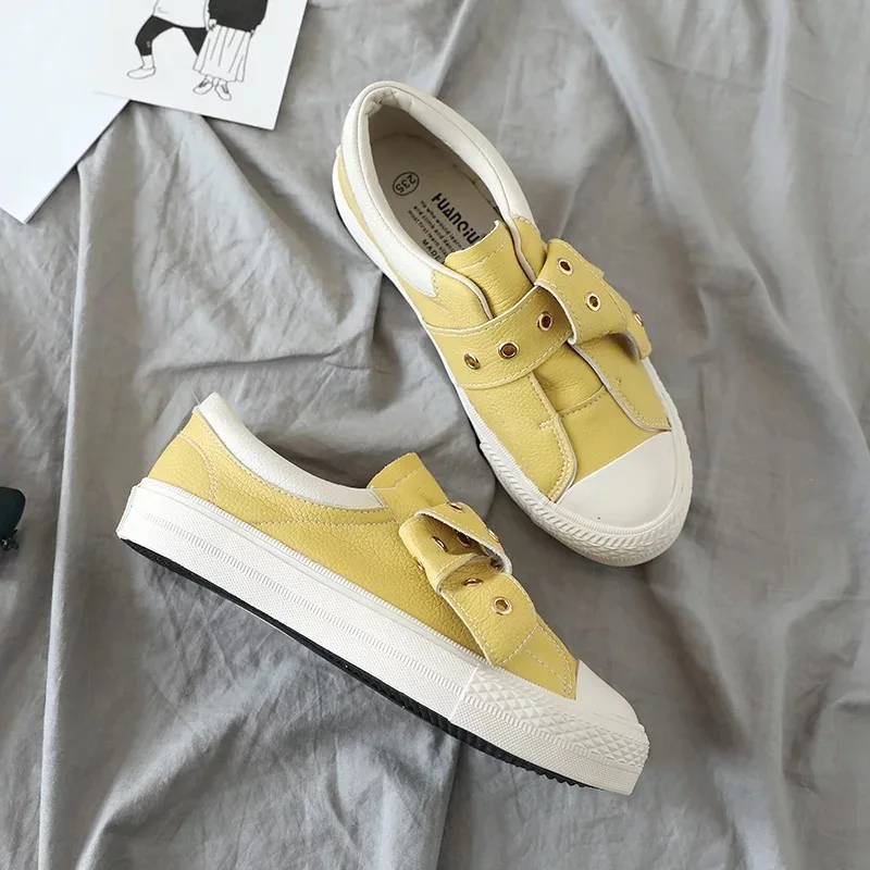 Women Leather Shoes Girl Casual Sneakers Waterproof Yellow Beige Black Leisure Shoes Female Student 35-40 All Match Nice Quality