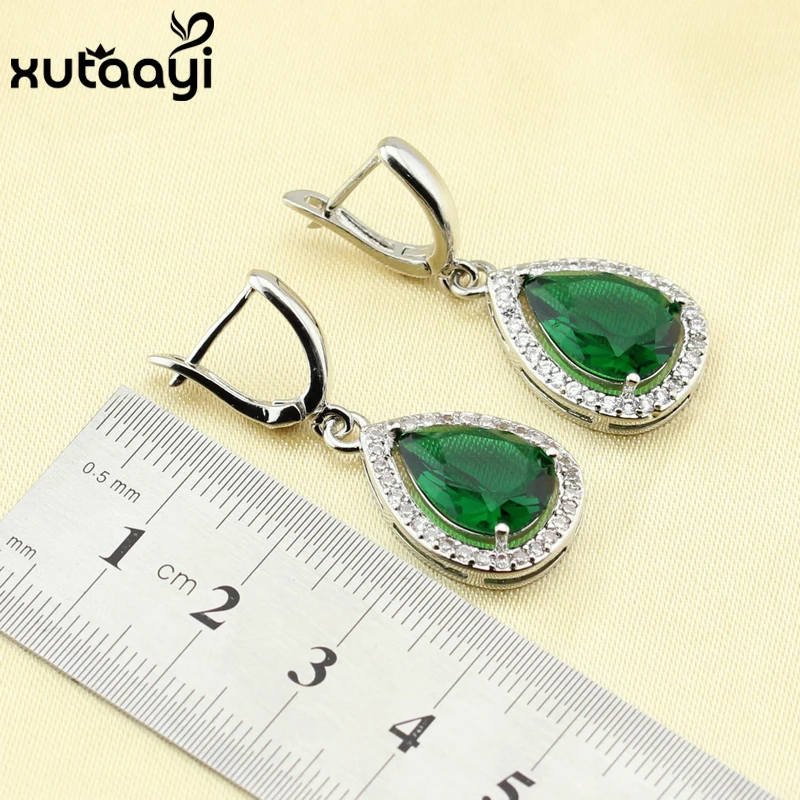 925 Silver Water Drop Wedding Jewelry Set For Women Green Stones White crystal Bracelet Earrings Necklace Pendant Rings