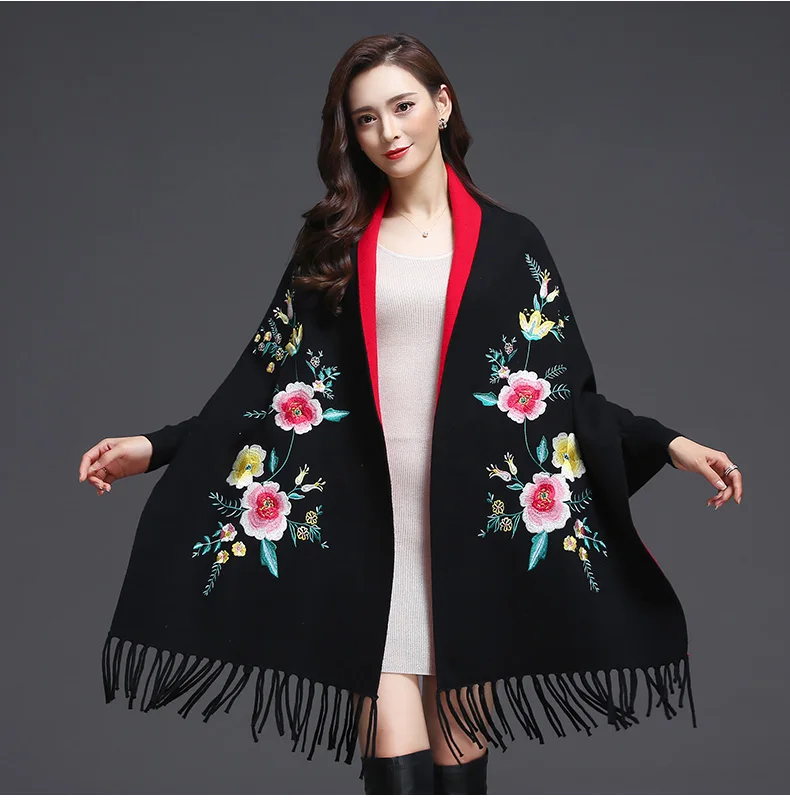 Women Scarf New Arrival Winter Scarves Shawl Embroider Thick Warm Tassels Cotton Wool Blend Poncho Floral Women's Scarf Cape